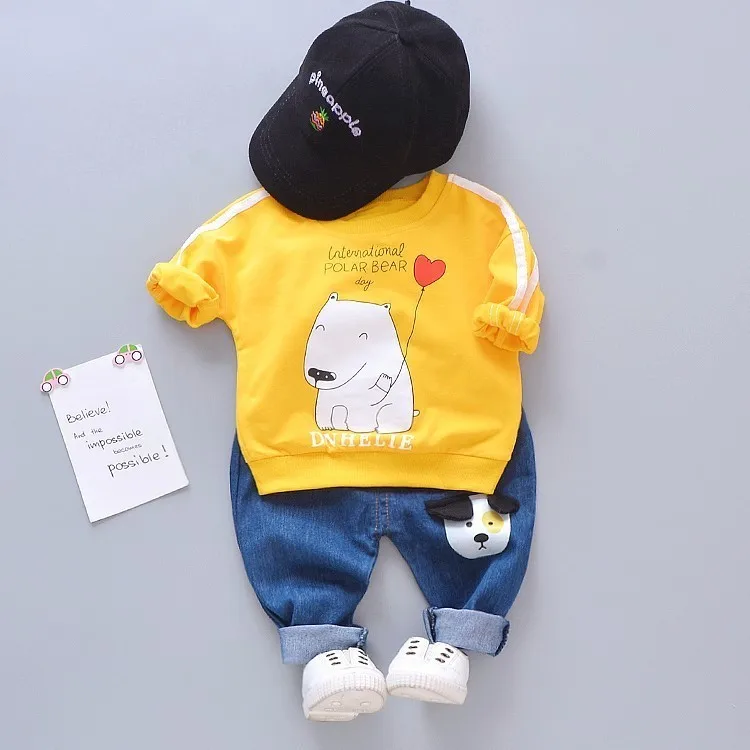 Одежда для маленьких девочек весенне-осенняя одежда для маленьких мальчиков детская футболка с рисунком собаки, джинсы комплект из 2 предметов, рождественские наряды для малышей 11,11 г. Для малышей - Цвет: BOBO gou Yellow