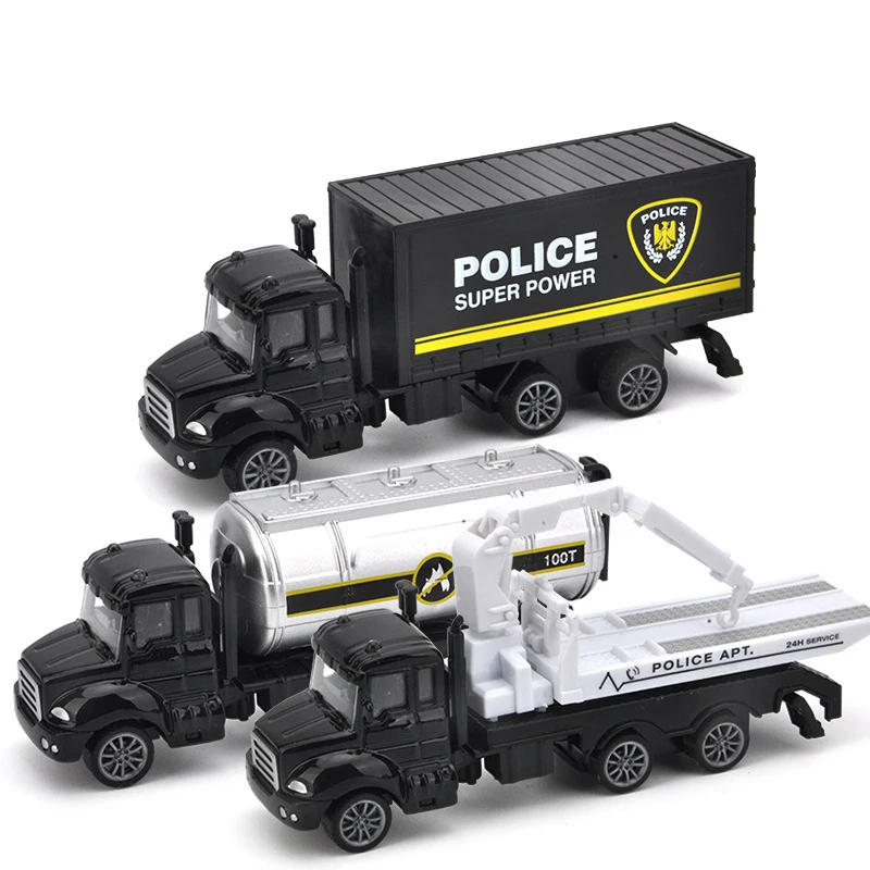 

30 Styles Kids Alloy Police Truck Toy 1:64 Scale Diecasts Toys Vehicles Pull Back Crane Trailer Rescue Car Model for Boys S018