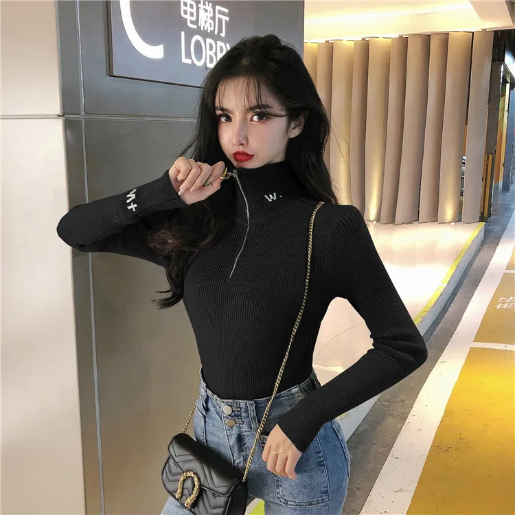 Black sweater Осенне-зимний свитер с воротником, женский тонкий пуловер на молнии с вышитыми буквами, тянущийся вязаный джемпер с длинным рукавом, топы M9N294 - Цвет: Black sweater