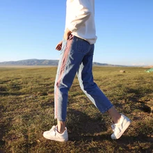 Джинсы Женский по щиколотку джинсовая боковая полоса в розовую полоску на молнии с высокой талией с карманами смягчитель свободный уличный стиль для женщин s