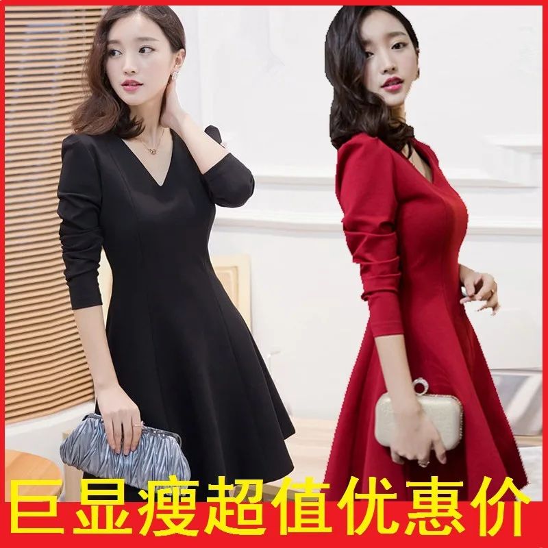 

Spring And Autumn New Style WOMEN'S Dress V-neck Slim Fit Thick Long Tutu Long Sleeve Large Size Formal One-piece Dress