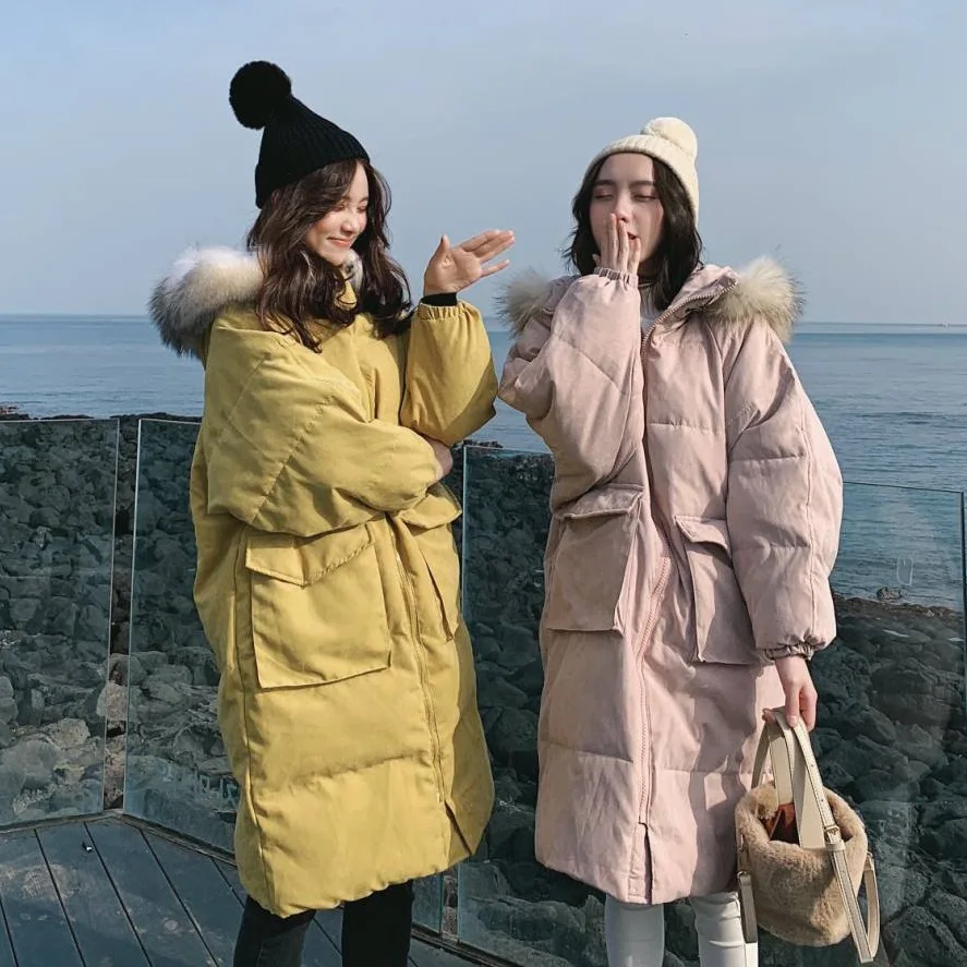 

Photo Shoot INS Sweet Naked Pink Mid-length down Coat Loose-Fit Hooded Large Fur Collar Best Friend Cotton Coat Women's Winter