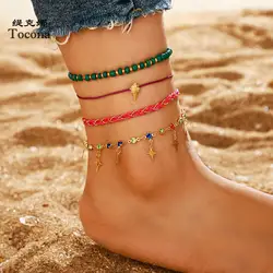 Tocona богемная кисточка ножные браслеты с разноцветными кристаллами шармы веревка бисером звезды ноги браслеты пляжные аксессуары для