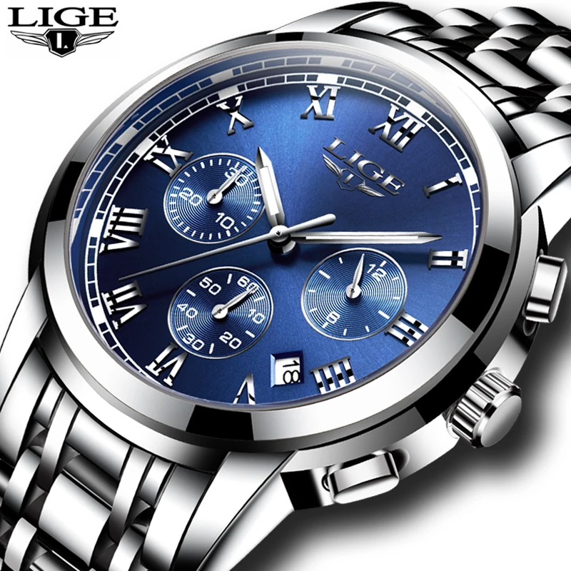 Новые часы Мужские люксовый бренд LIGE Хронограф Мужские спортивные часы водонепроницаемые полностью Стальные кварцевые мужские часы Relogio Masculino+ коробка