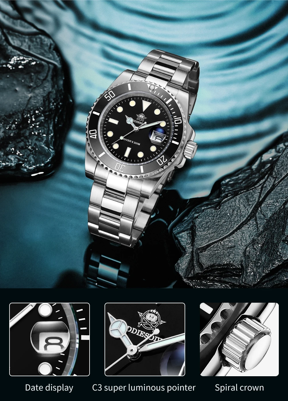2020 New Fashion Watch Stainless Steel Diver Watch 200M C3Super luminous Sport luxury stainless steel watch Quartz Men's Watch