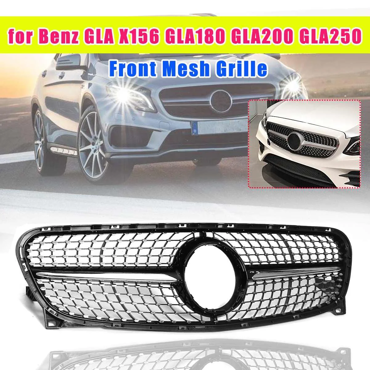

For Mercedes for Benz GLA-X156 Diamond Front Grill Front Bumper Grille Mesh for Benz GLA180 GLA200 GLA250 GLA45 2014-2016
