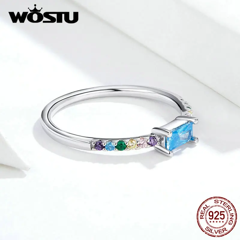 WOSTU Аутентичные 925 пробы Серебряные Красочные кольца для женщин уникальная Радуга с ReFNangle голубой циркон кольца ювелирные изделия FIR590