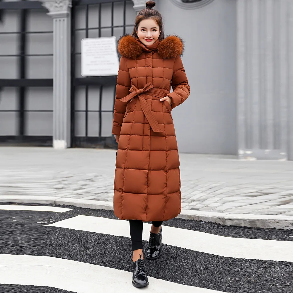 Длинное пуховое пальто с меховым капюшоном, женские утепленные куртки с хлопковой подкладкой, тонкое теплое пальто в Корейском стиле, женские пальто, Chamarras De Mujer