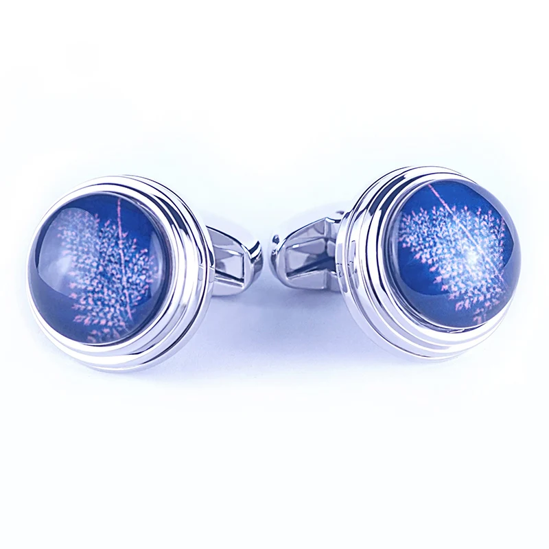 Beautiful  Round Blue Snowflake Stone With flower Rhodium-Plated Cufflinks For Mens Luxury Quality Jewelry