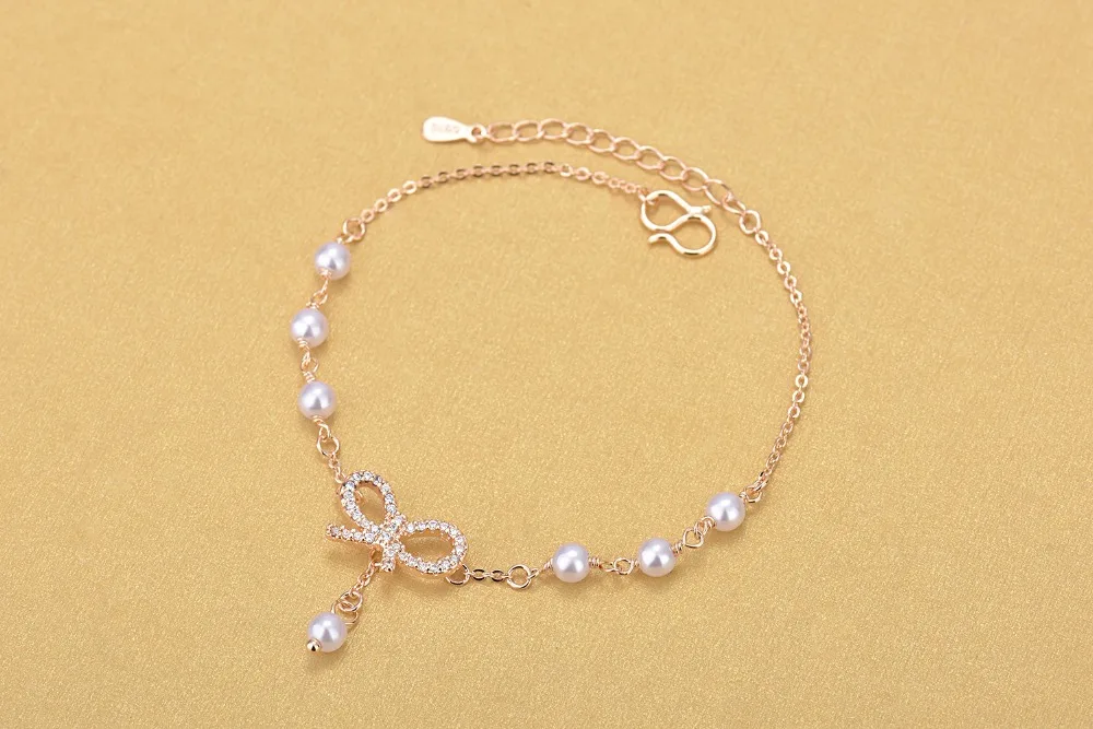 Rose Gold Champagne Chain Pearl Beads Bracelets Rhinestone Bowknot Charm Bracelets Jewelry For Gift