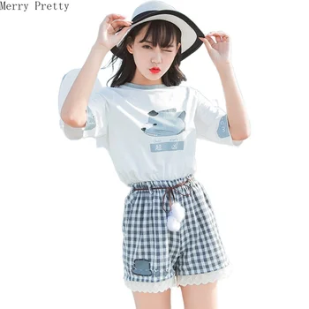 

Women's Sets Tops And Pants Cartoon Print Cotton T Shirts And Drawstring Plaid Short Pants 2020 Sweet Style Girl Two Piece Sets