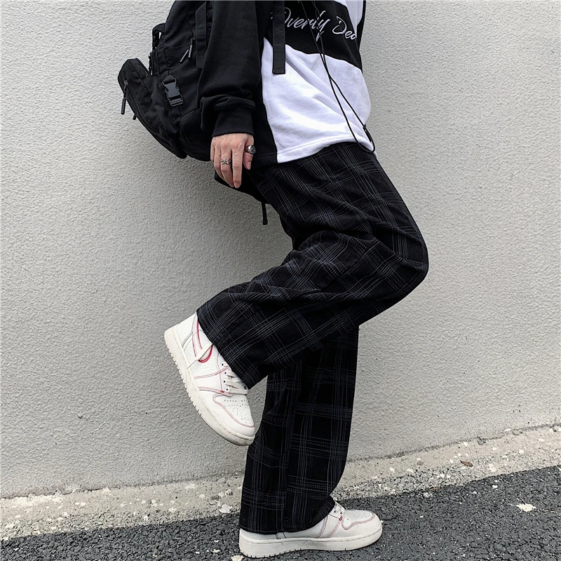 Wide Leg Pants Men Spring Casual Plaid Vintage BF Couple Straight Corduroy Streetwear Harajuku Oversize S-3XL