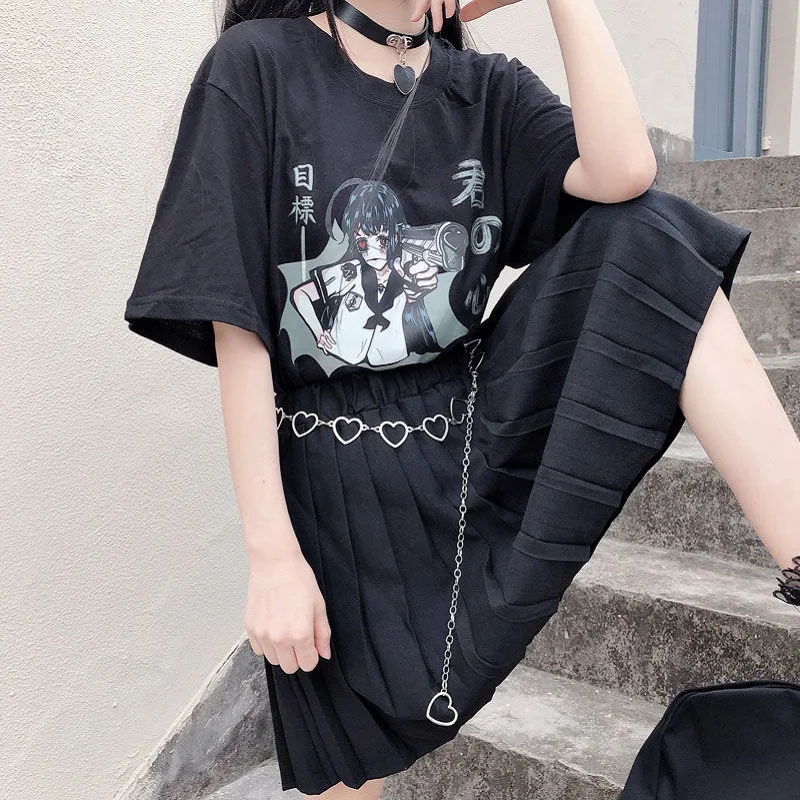 Goth Streetwear Short Sleeve Top Tee Female Kawaii y2k mujer gothic kpop футболка Harajuku Anime Print Black Crop Women T-shirts