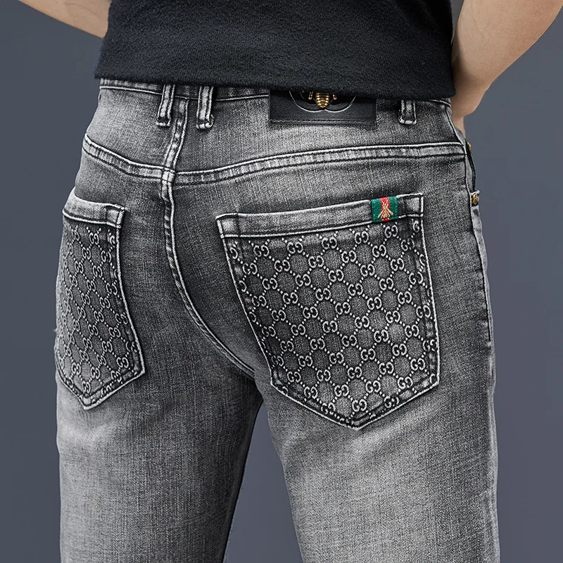 Pantalones vaqueros ajustados de algodón para hombre, Jeans de negocios elásticos de estilo clásico, Color gris, moda de otoño