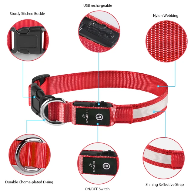 USB Charging Flashing Dog Collar Leads LED Light Night Safety Glow Anti-Lost/Avoid Car Accident Dog Nylon Adjustable Pet Collar DC5200-red