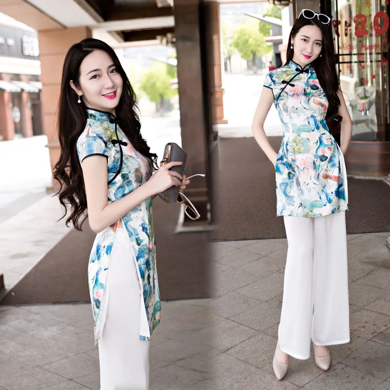 Женский шифоновый aodai вьетнамская традиционная одежда ao dai вьетнамские халаты и брюки цельный набор женских платьев Улучшенный чонсам