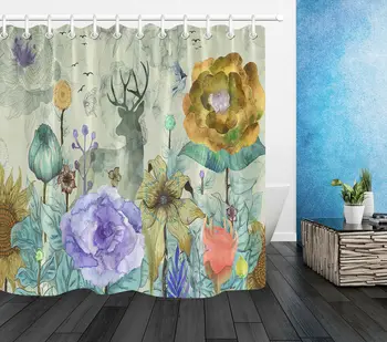 

Waterproof Fabric Watercolor Flowers Deer Shadow Shower Curtain Bathroom Hooks