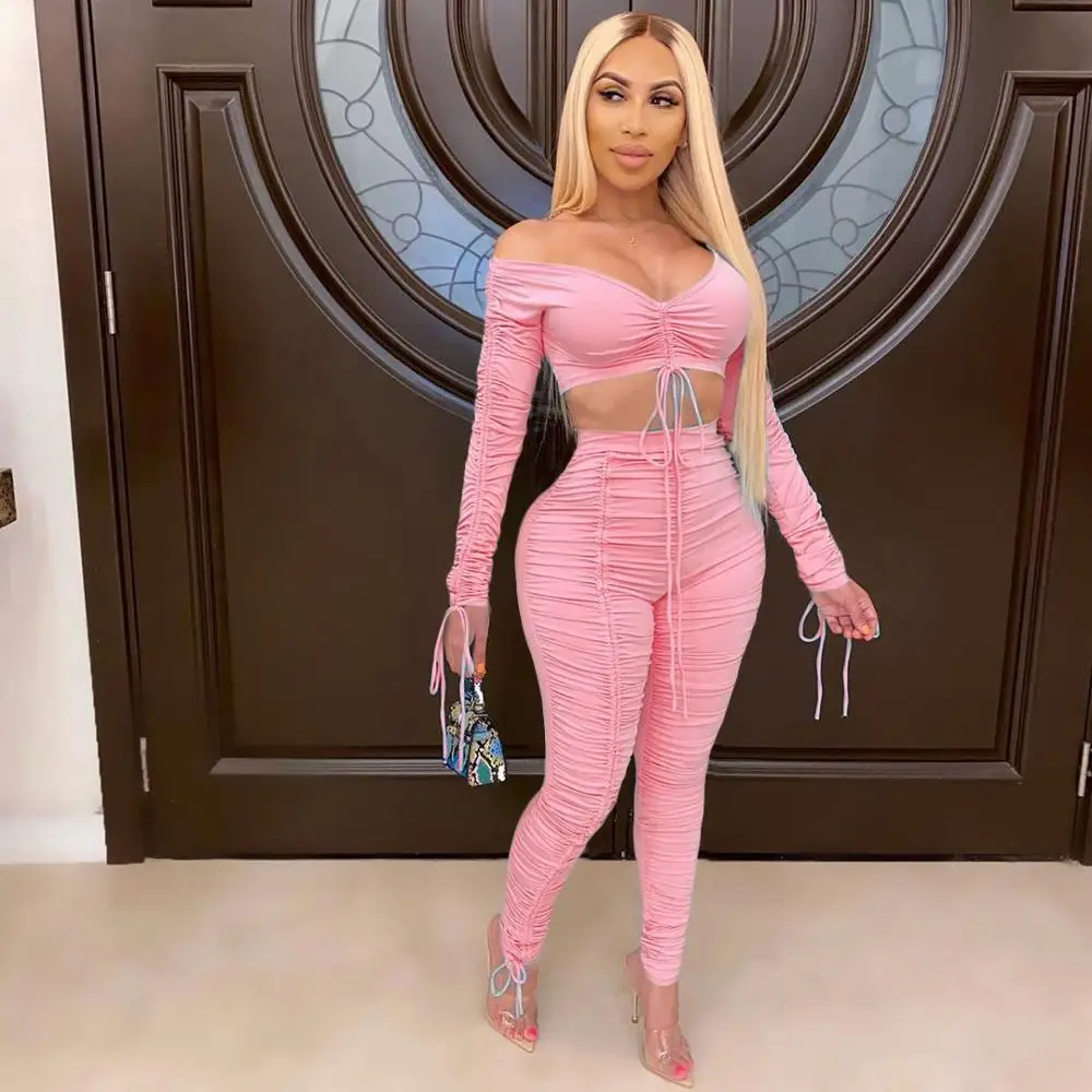 Sexy Stacked Pants Joggers Women Two Piece Set Slash Neck Crop Top + Pants Long Pants Summe Clothes For Women