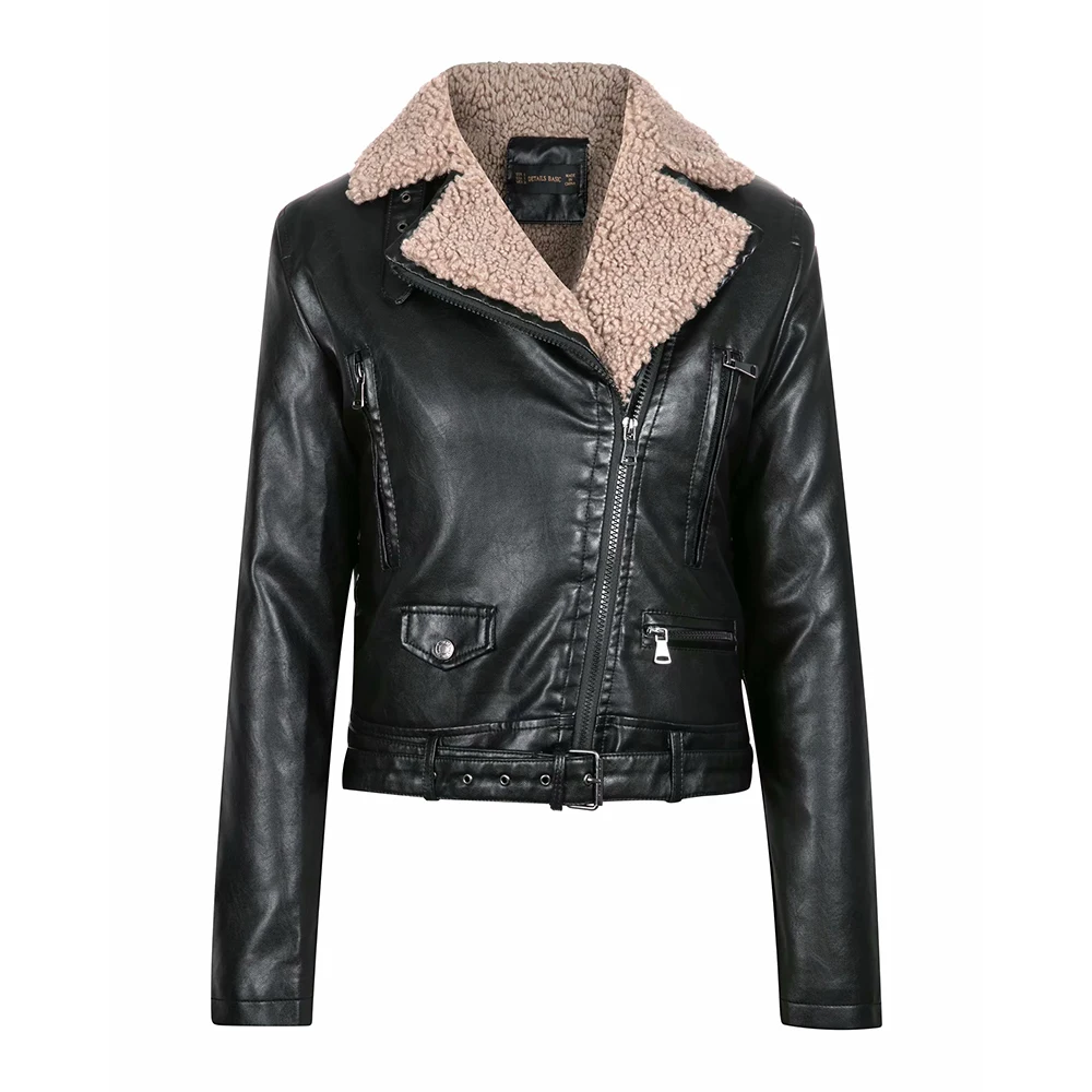 Зимние женские модные Флисовые Куртки из искусственной кожи винтажные дамские искусственная кожа короткие пальто-бомбер женская толстая куртка шикарная Одежда для девочек - Цвет: black