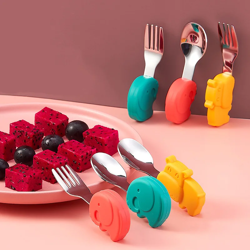 

Infant Food Feeding Spoon Fork Baby Gadgets Tableware Set Children Utensil Stainless Steel Toddler Dinnerware Cartoon Cutlery