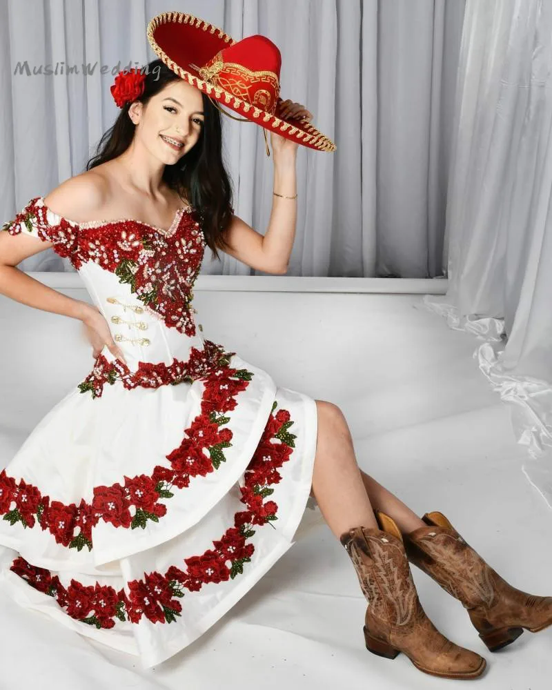 Quinceanera Dresses Unique Red And White With Removeable Skirt 2 In 1 Embroidery Sweet 15 Dress Organza Ruffles Applique Prom