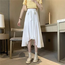 

2021 New Women Korean Style High-waisted Thin Mid-length Skirts Sweet Female Spring Summer Elegant Bow Belt Irregular Fold Skirt
