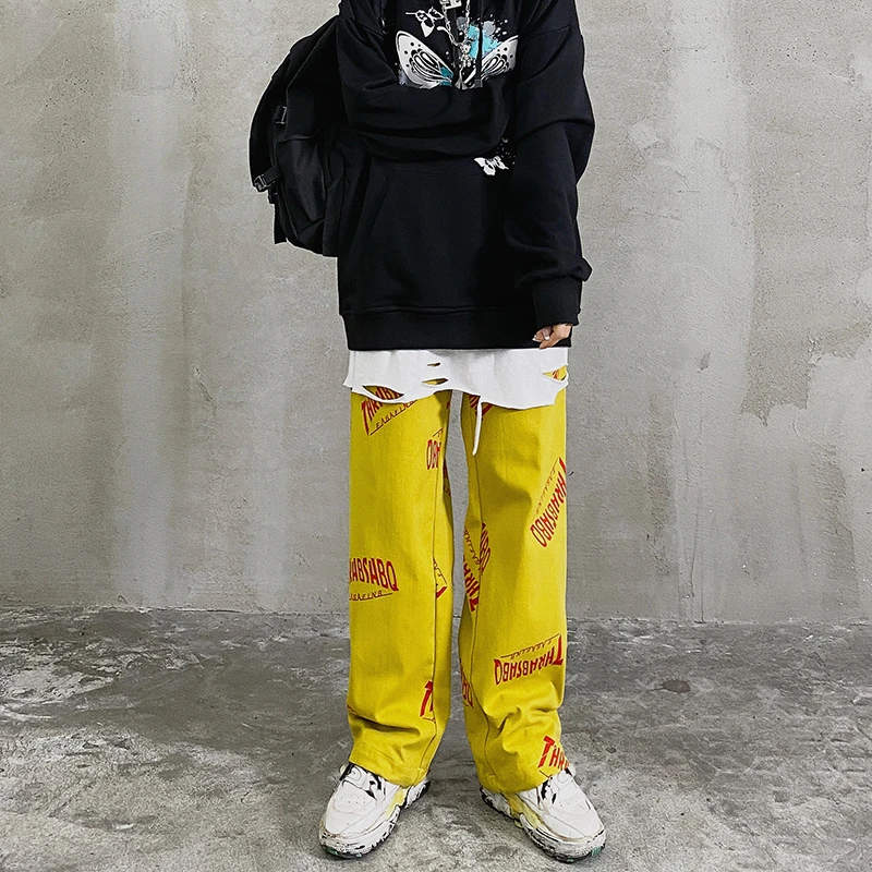 Pantalones modernos de Hip hop mujer, ropa con letras estampadas, color amarillo y negro, holgados y rectos, para Otoño e Invierno|Pantalones y pantalones capri| - AliExpress