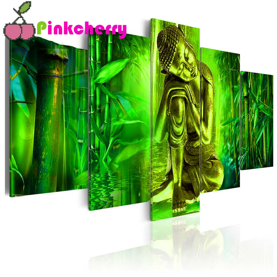 

5 панелей, алмазная живопись, статуя Будды, водопад, бамбук, украшение для дома, Алмазная мозаика, полная квадратная круглая Настенная картина k678