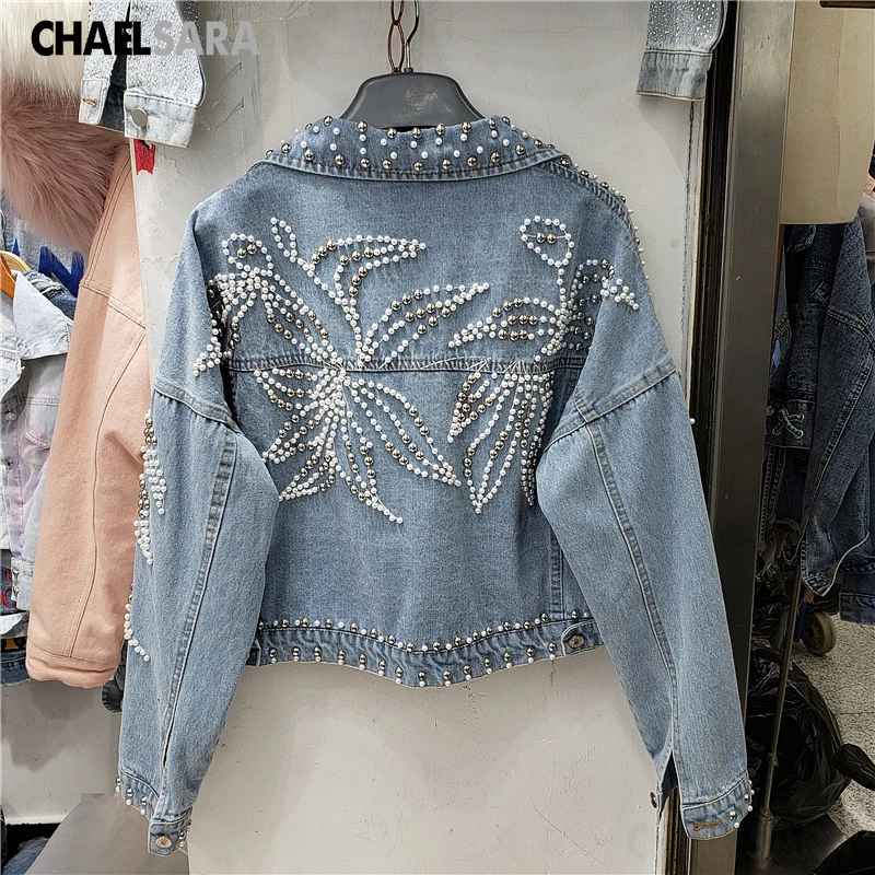 

High Quality Handmade Beaded Denim Jacket Women 2020 Spring Autumn Rivet Loose Short Jeans Coat