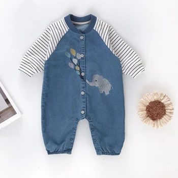 

Toddler Baby Boys Girls Kids Clothes Denim Stitching Striped Long Sleeve Elephant Balloon Embroidery Romper Outfits Clothes