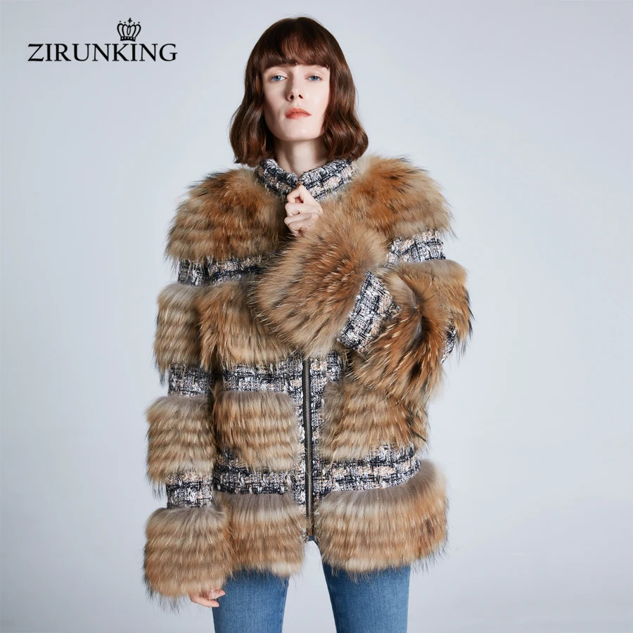 ZIRUNKING женское модное пальто из натурального меха енота женская теплая зимняя