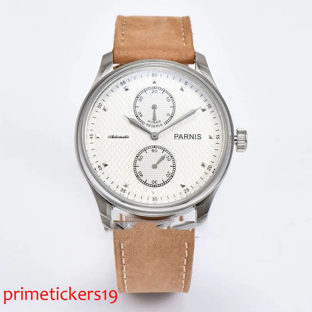 

43mm parnis white dial camel leather strap power reserve ST automatic mens watch P683