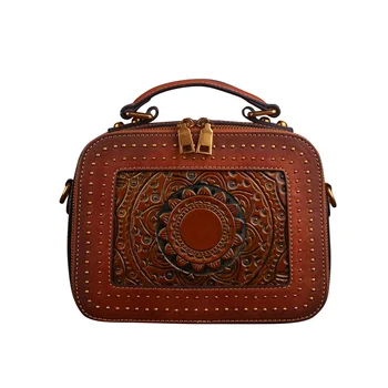 

Summer new leather female bag retro first layer cowhide ladies handbag totem embossed shoulder diagonal bag