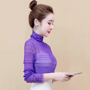 

Full Sleeve Lace blouse women New Spring Mesh Turtleneck blusas womens tops and blouses White Purple Yellow Black 8700