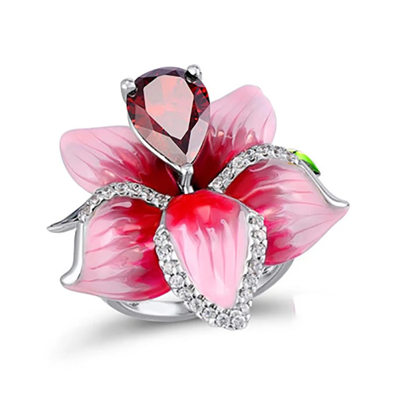 

Fashion Jewelry 925 Silver Enamel Flower Rings for Wedding Jewelry Red Water Drop Crystal Engagement Ring gemstone Gift