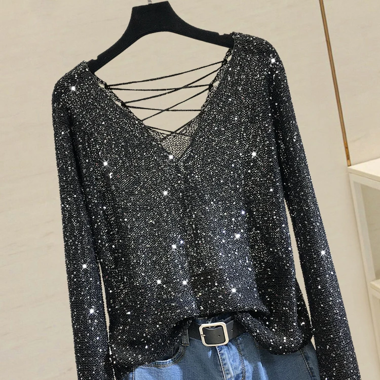 

Fall 2019 Korean New Loose Sequined Horn Sleeve V-neck Knitted Sweater Female Lady Sexy Backless Shirt Women Autumn Shirts
