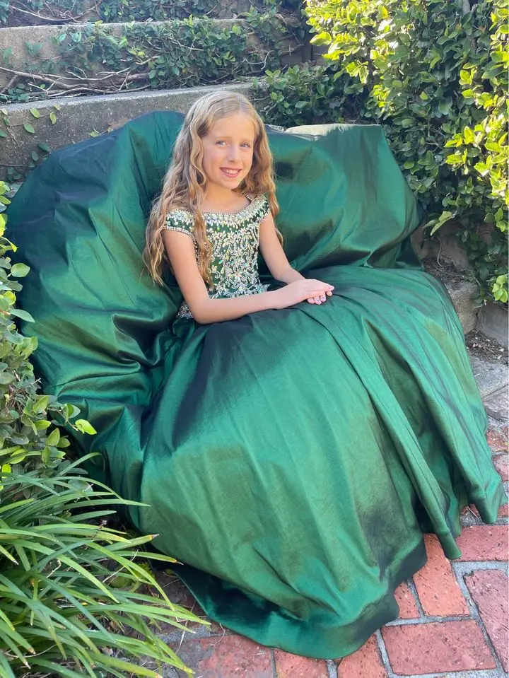 Emerald Green Satin Luxury Crystal Pageant Dress For Children Cap