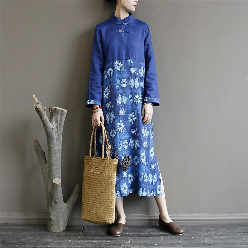 

Johnature Women Patchwork Shirt Dress Linen Vintage Cheongsam 2019 Autumn New Long Sleeve Stand Loose Print Floral Women Dress