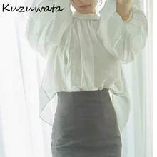 Kuzuwata Japan Style Fresh Lantern Sleeve Design Woman Shirts 2021 Spring Summer New Vintage Blusas Elegant Simple Blouse Women