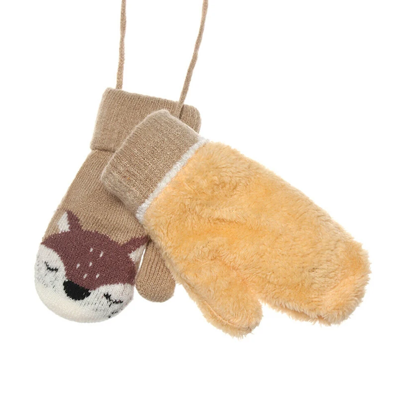 Children Gloves Cartoons For 1-3years Old Girls Boys Little Fox Winter Mittens Double-layer Knitted Wool Plus Velvet Warm Gloves