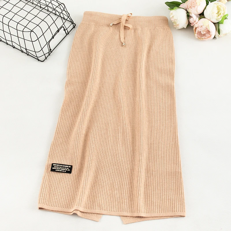 SINGRAIN Женская трикотажная юбка-карандаш с разрезом, эластичная высокая талия, теплая облегающая юбка, повседневная Корейская зимняя миди длинная юбка-свитер - Цвет: apricot