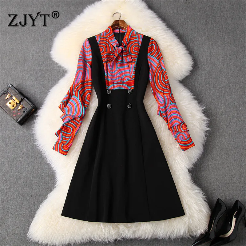 

New 2020 Spring Fashion Runway Dress Women Designer Long Sleeve Abstract Print Patchwork Casual Short One Piece Dress Vestidos