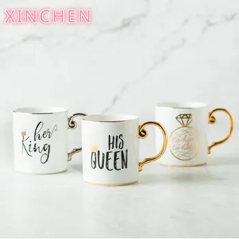 

XINCHEN Luxury Gold King and Queen Diamond Porcelain Coffee Mug Tea Milk Ceramic Cups and Mugs Wedding Gift