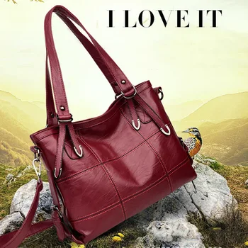 

Women PU Leather Handbag Stitching Big Capacity Shoulder Bag Soft Tote for Shopping New XRQ88