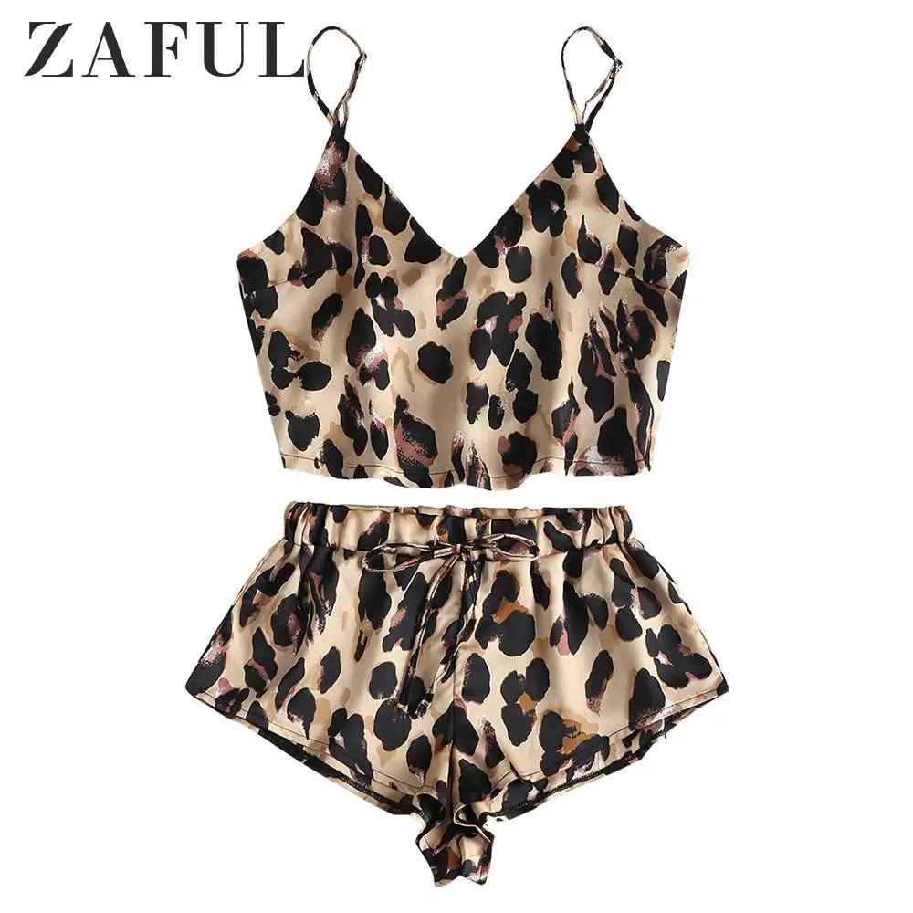 ZAFUL для женщин змеиный принт Атлас Cami Топ шорты пижамный комплект Спагетти ремни