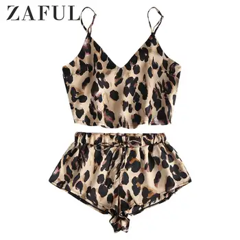 

ZAFUL Women Snake Print Satin Cami Top Shorts Pajama Set Spaghetti Straps Pleated Sleepwear Two Piece High Cut Pajamas Home