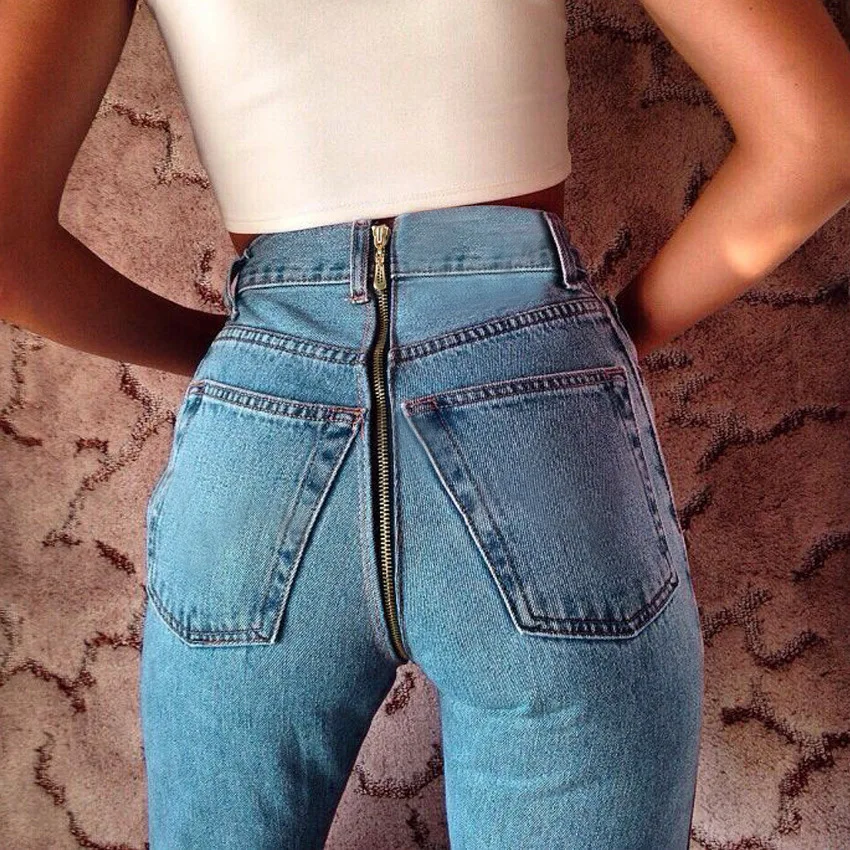 Pantalones vaqueros con cremallera trasera para mujer, Jeans elásticos clásicos cintura alta, ajustados, azul - AliExpress