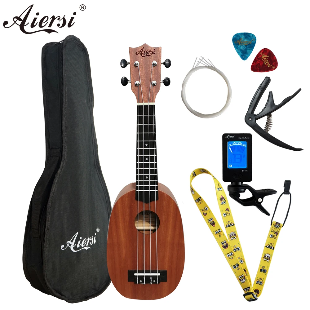 Aiersi kit completo de ukelele mogno, 4 cordas, abacaxi, gecko, ukulele