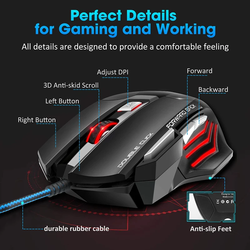 Gaming Mouse Ergonomic Mouse Wired Mouse Computer Mouse Gamer Ergonomic Gaming Mouse USB Wired 5500 DPI Silent 7 Button LED Backlight For PC Laptop