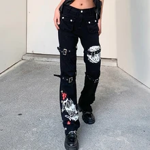 Teacwear Goth Metal Buttons Women Straight Jeans Graphic Print Cool Black E Girl Baggy Denim Trousers Korean Fashion Pants 2021